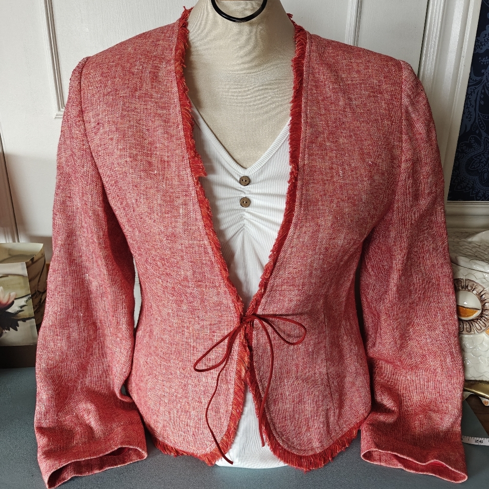 Louben Linen blazer Red & cream with fringe edging, suede tie closure - Sz 10